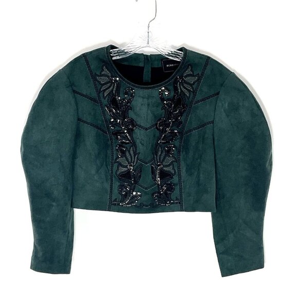 BCBGMaxazria Top Women S Green Embroidered Faux Suede Sequins Cropped Festive - Picture 1 of 12